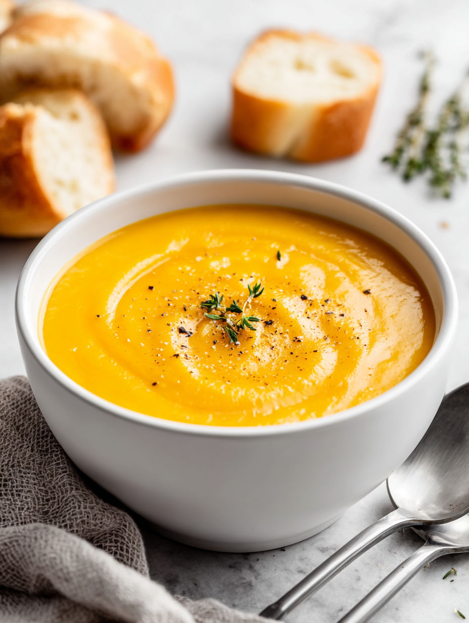 A bowl of butternut squash soup with a spoon in it.