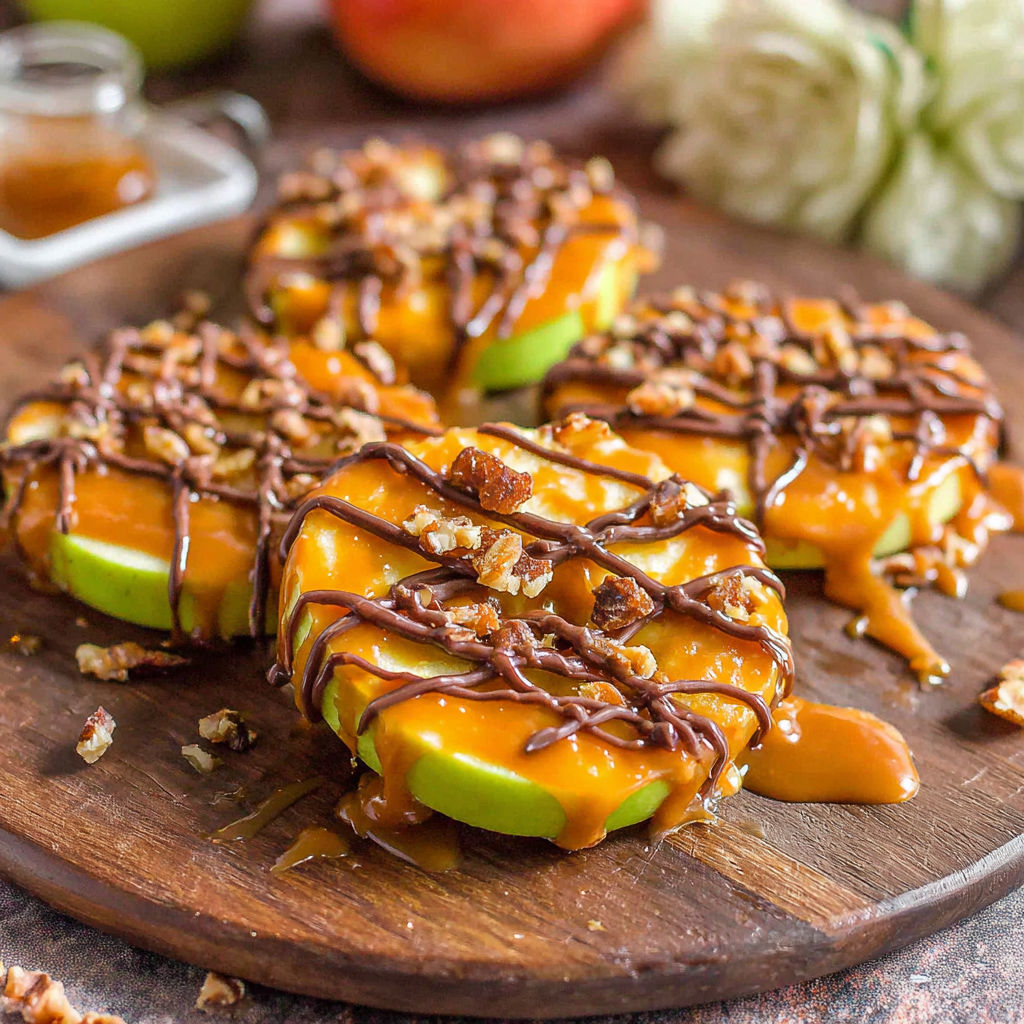 Caramel apple slices on a wooden platter.