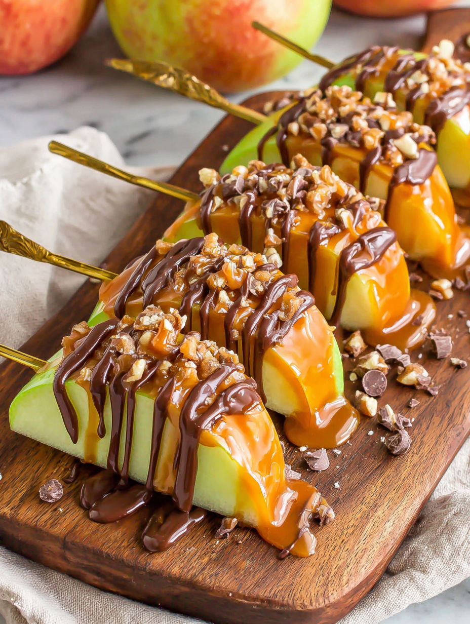 A wooden platter with two apples and two chocolate-covered apples.