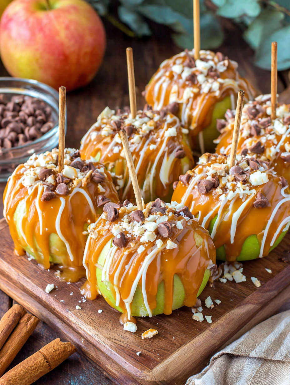 A plate of apples with caramel drizzled on top.