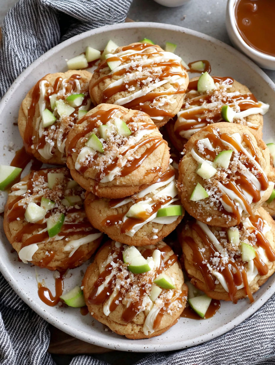 A plate of cookies with caramel drizzled on top.
