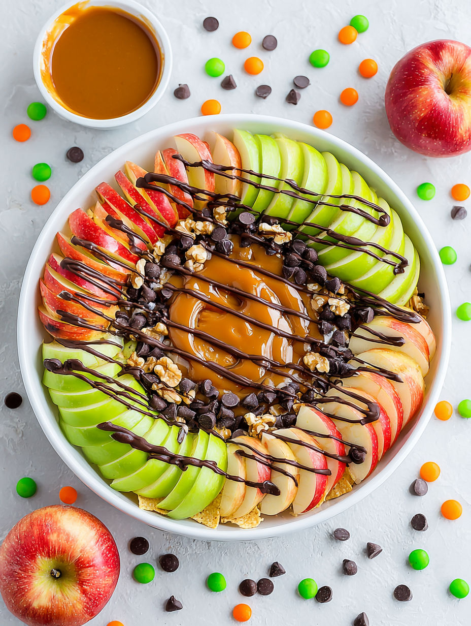 A bowl of Caramel Apple Nachos.