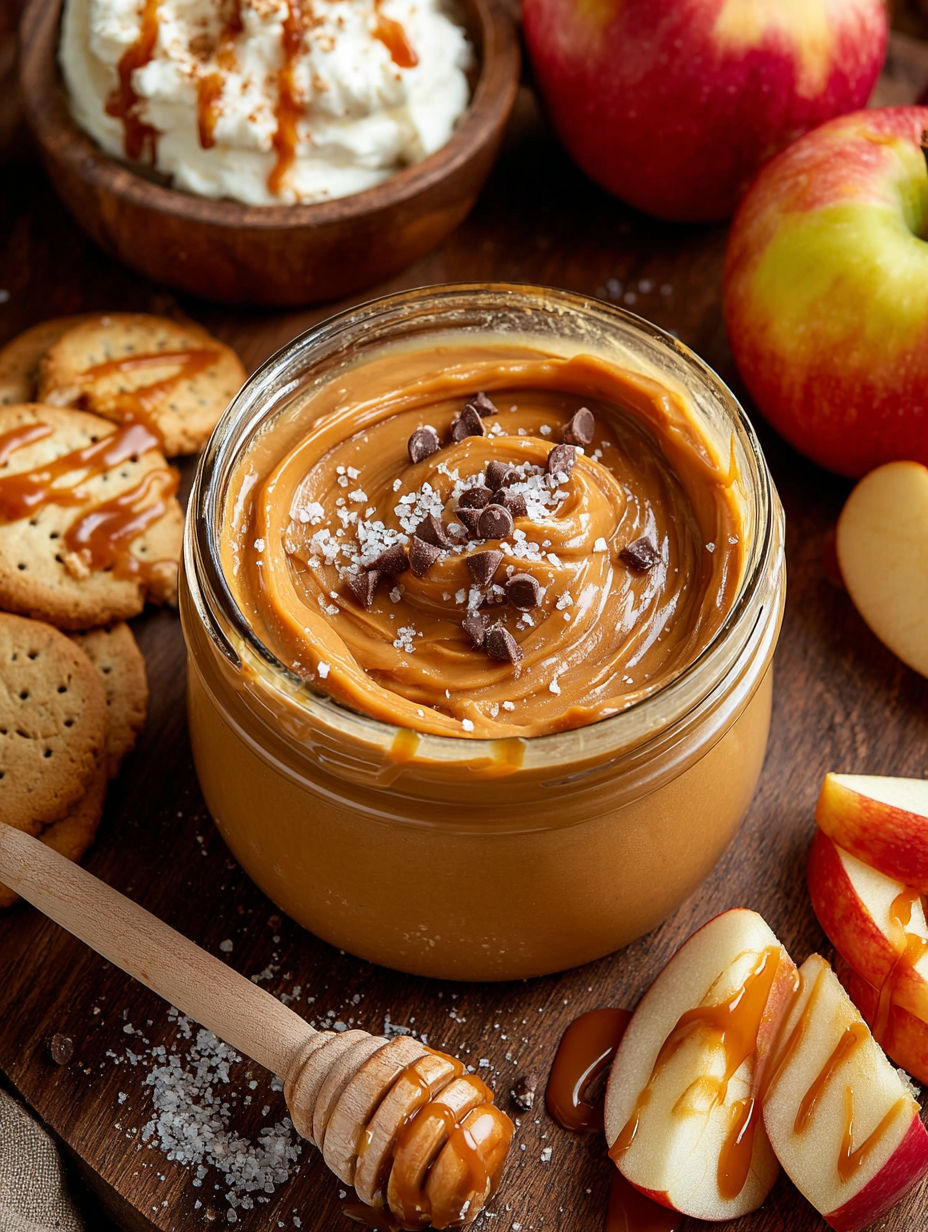 A jar of caramel dip with apples and cookies on a table.
