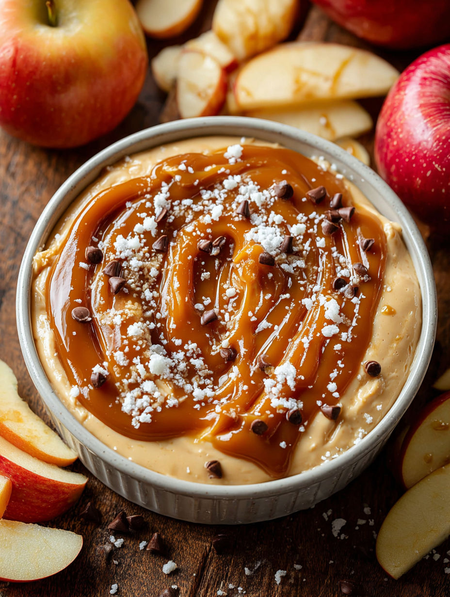 A bowl of caramel dip with chocolate chips and apples.