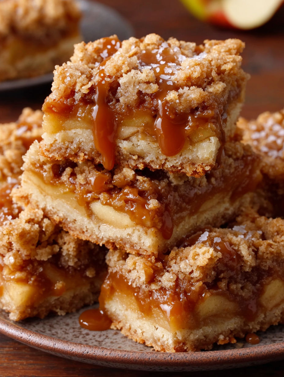 A stack of caramel apple crumble bars.