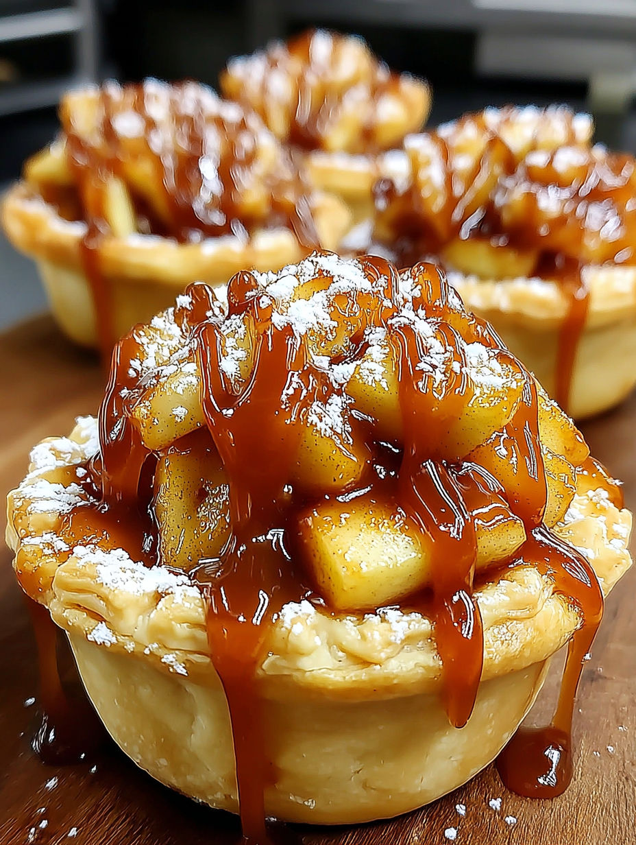 A close up of a delicious salted caramel apple mini pie.