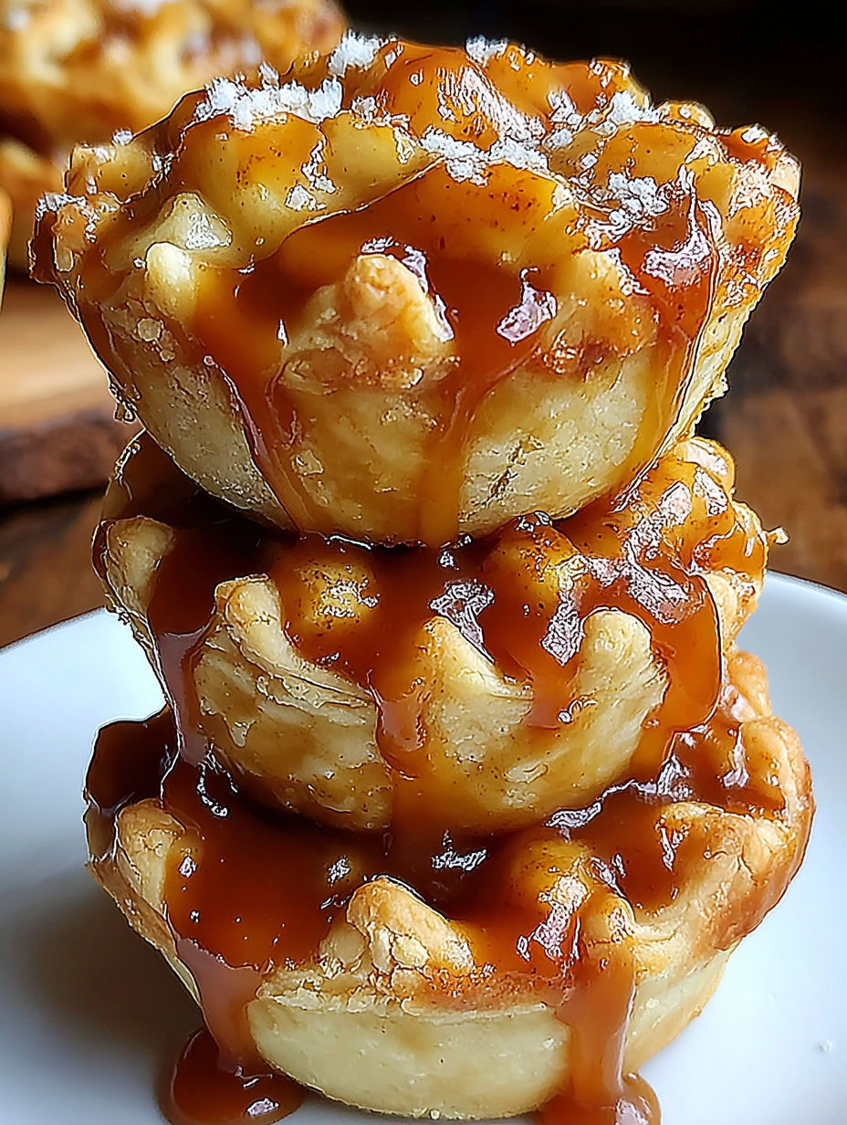 Three mini pies with caramel sauce on top.