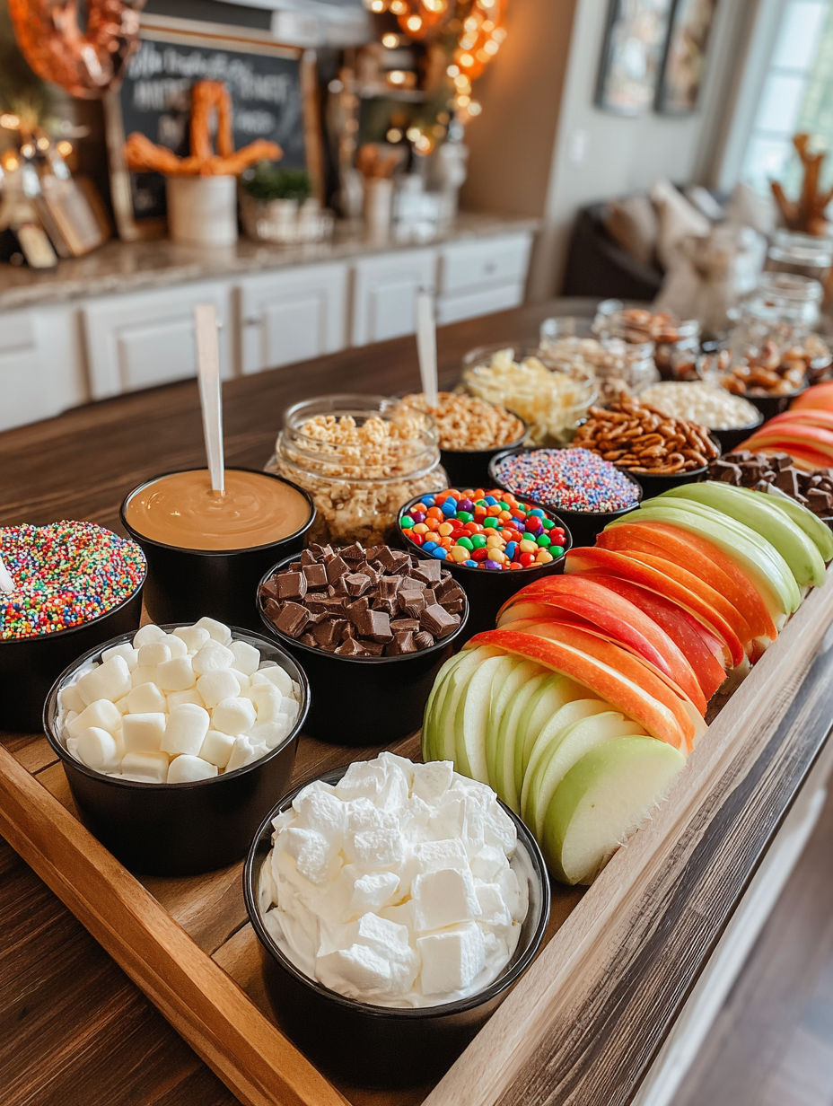 A wooden table with a variety of foods on it.