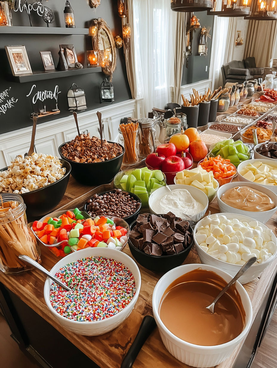 A table full of food and drinks.