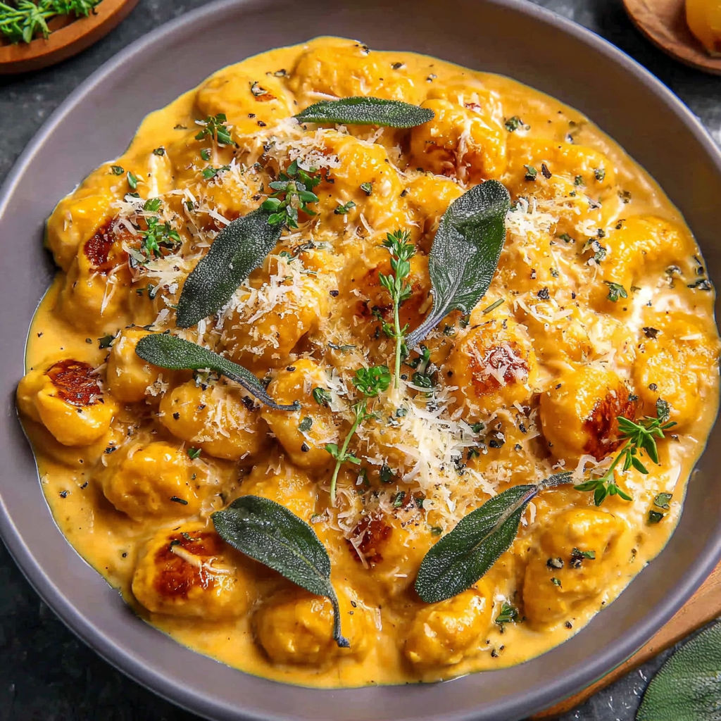 A plate of creamy pumpkin gnocchi.
