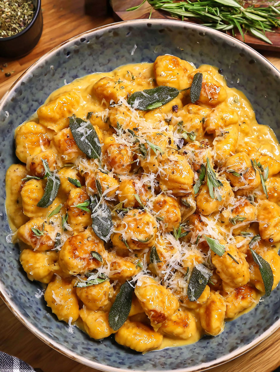 A bowl of pasta with cheese and herbs.