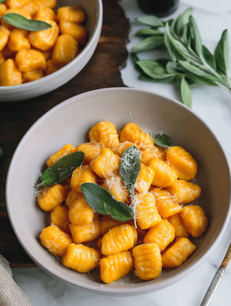 A bowl of pumpkin gnocchi with vegan sage butter.