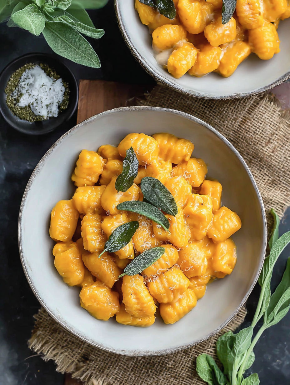 A bowl of pumpkin gnocchi with vegan sage butter.