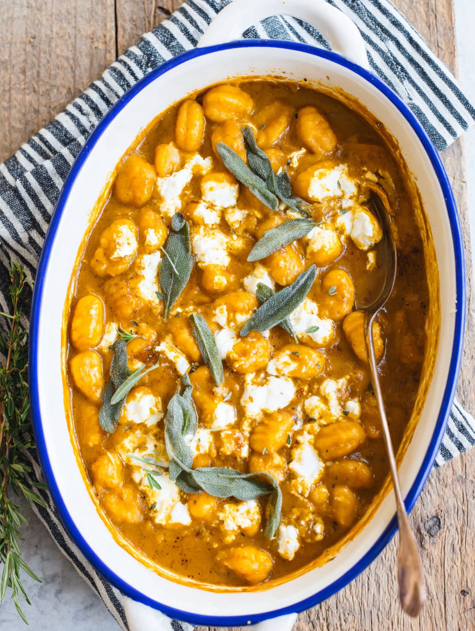 A bowl of pumpkin gnocchi bake with white cheese on top.