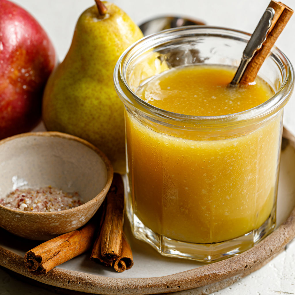 A glass of spiced pear and apple cider reduction dressing.