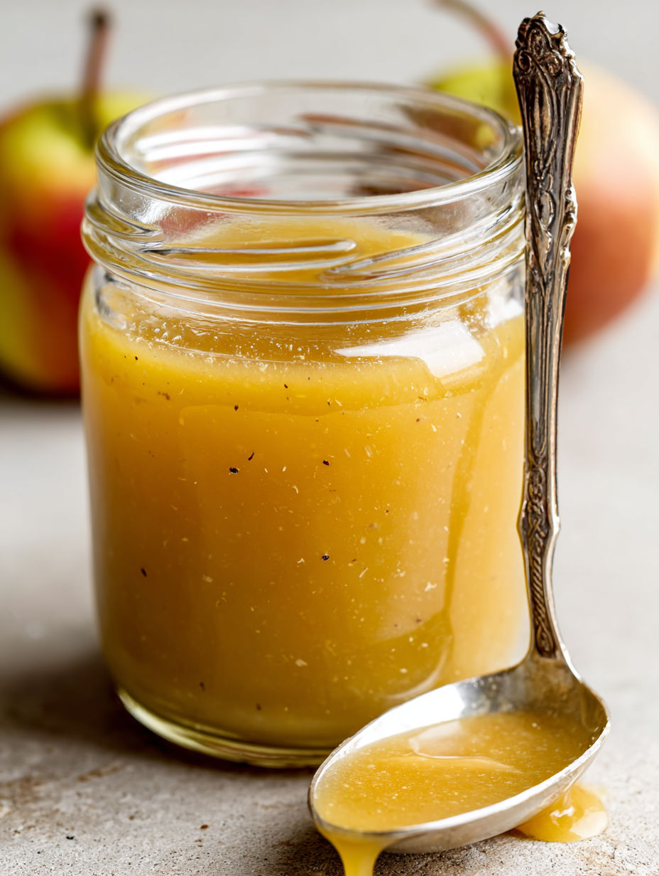 A spoon is in a jar of spiced pear and apple cider reduction dressing.