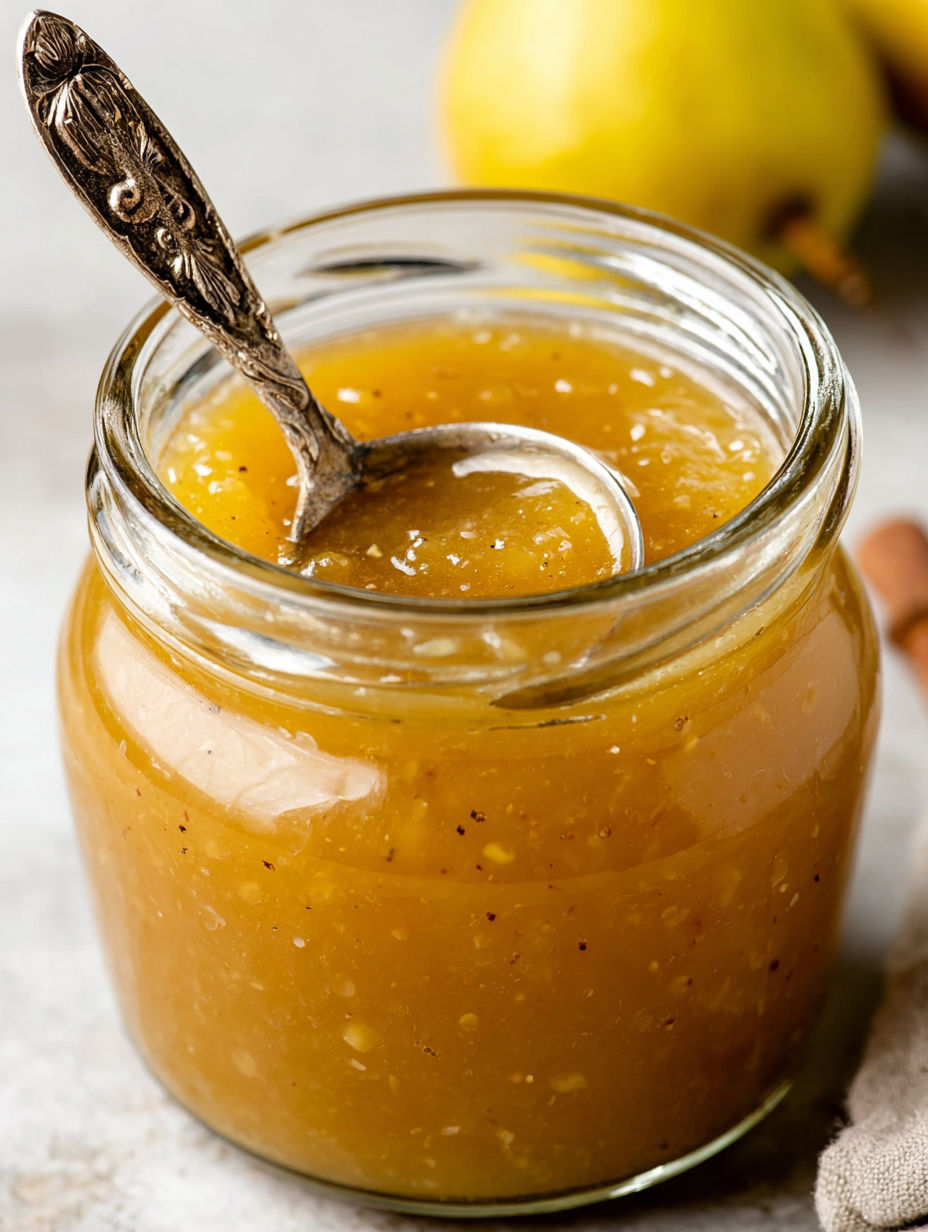A jar of spiced pear and apple cider reduction dressing.