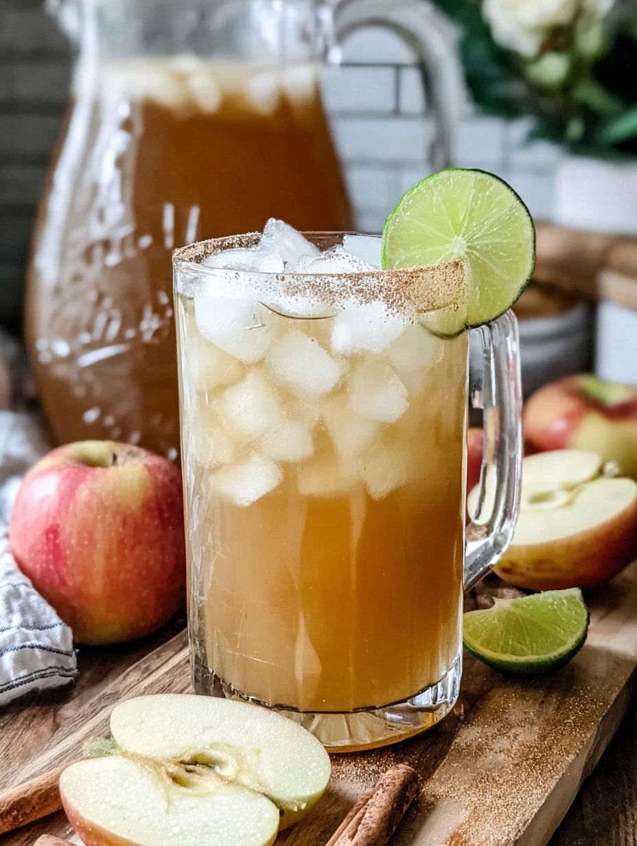 A pitcher of apple cider margarita with a slice of lime on top.