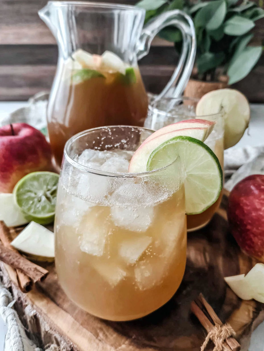 A pitcher of apple cider margarita is on a table.