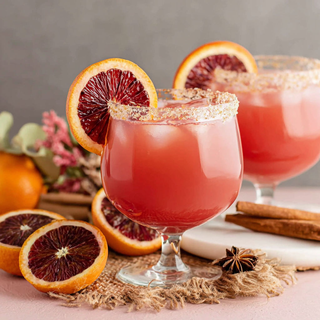 Two glasses of blood orange margarita.