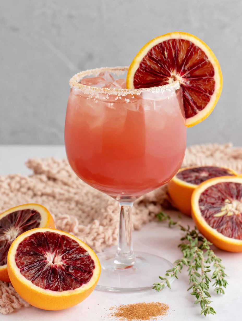 A glass of blood orange smoothie with a slice of blood orange on the side.
