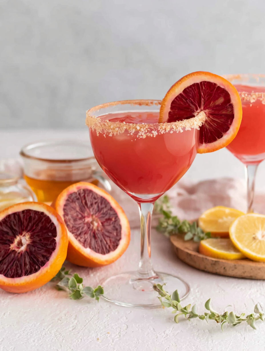 Two glasses of blood orange margarita with orange slices on the side.