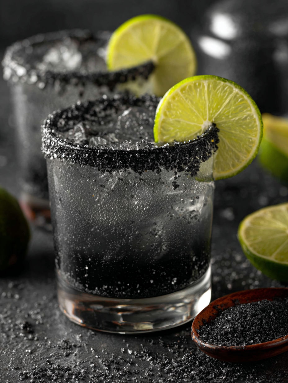 A glass of black margarita with lime slices.