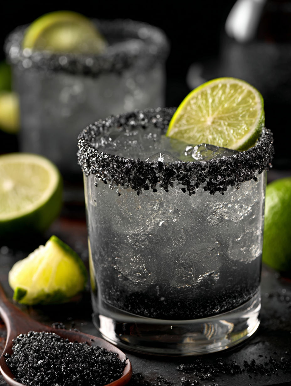A glass of black margarita with a lime wedge.