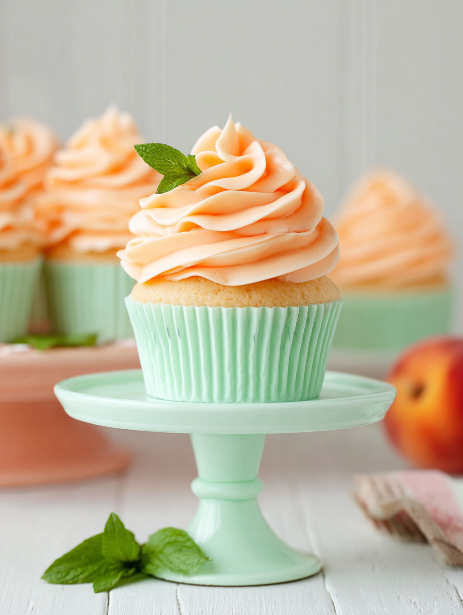 A cupcake with peach purée buttercream on a green plate.