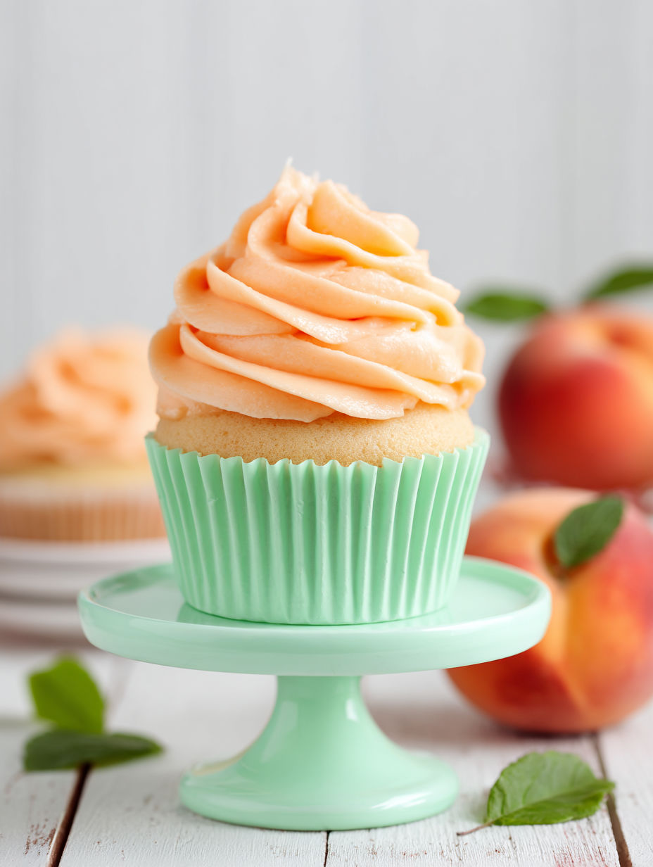 A cupcake with peach purée buttercream on a green plate.