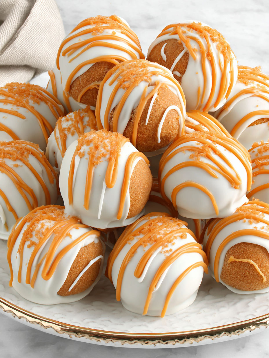 A plate of pumpkin cheesecake balls with orange icing.