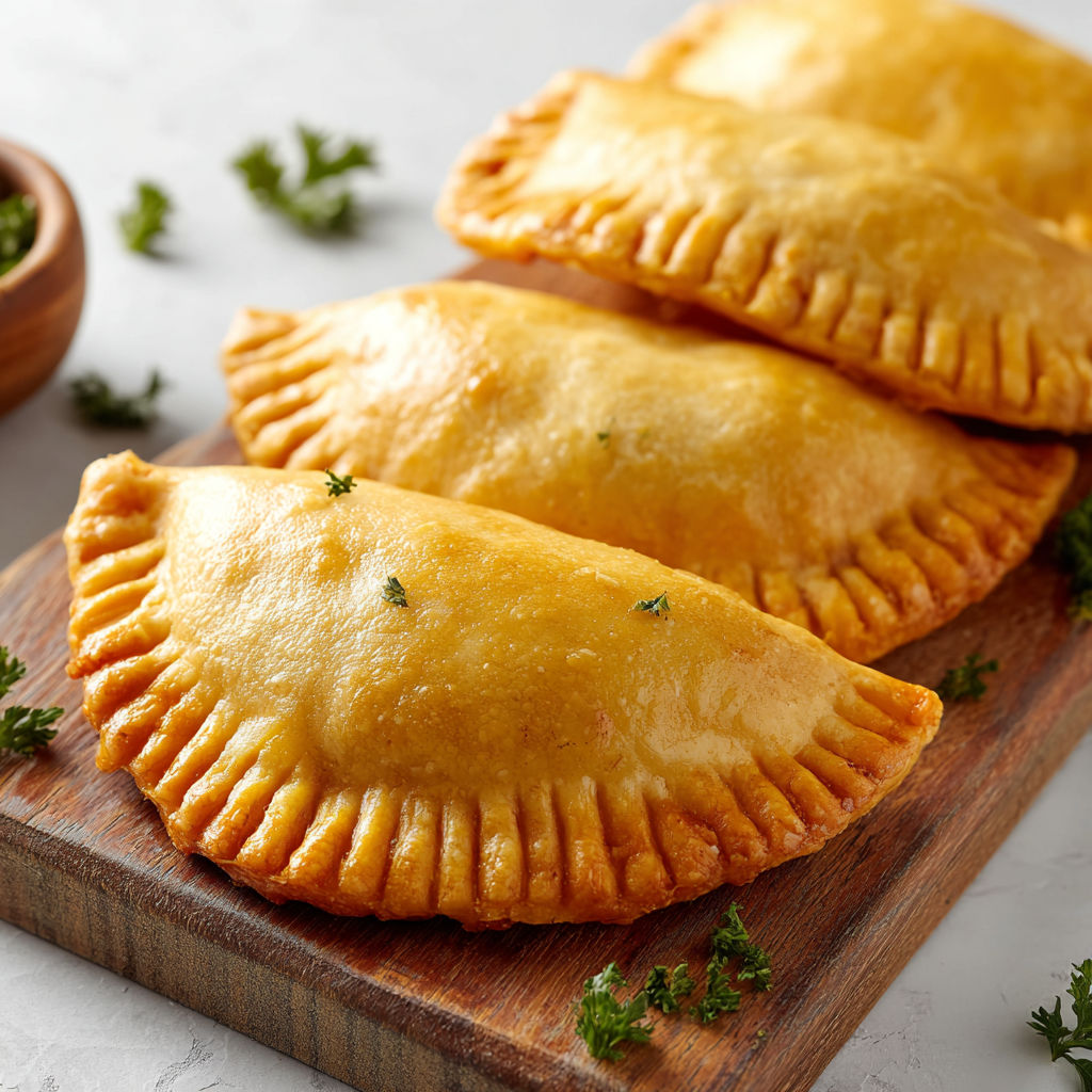 Three butternut squash empanadas on a wooden board.