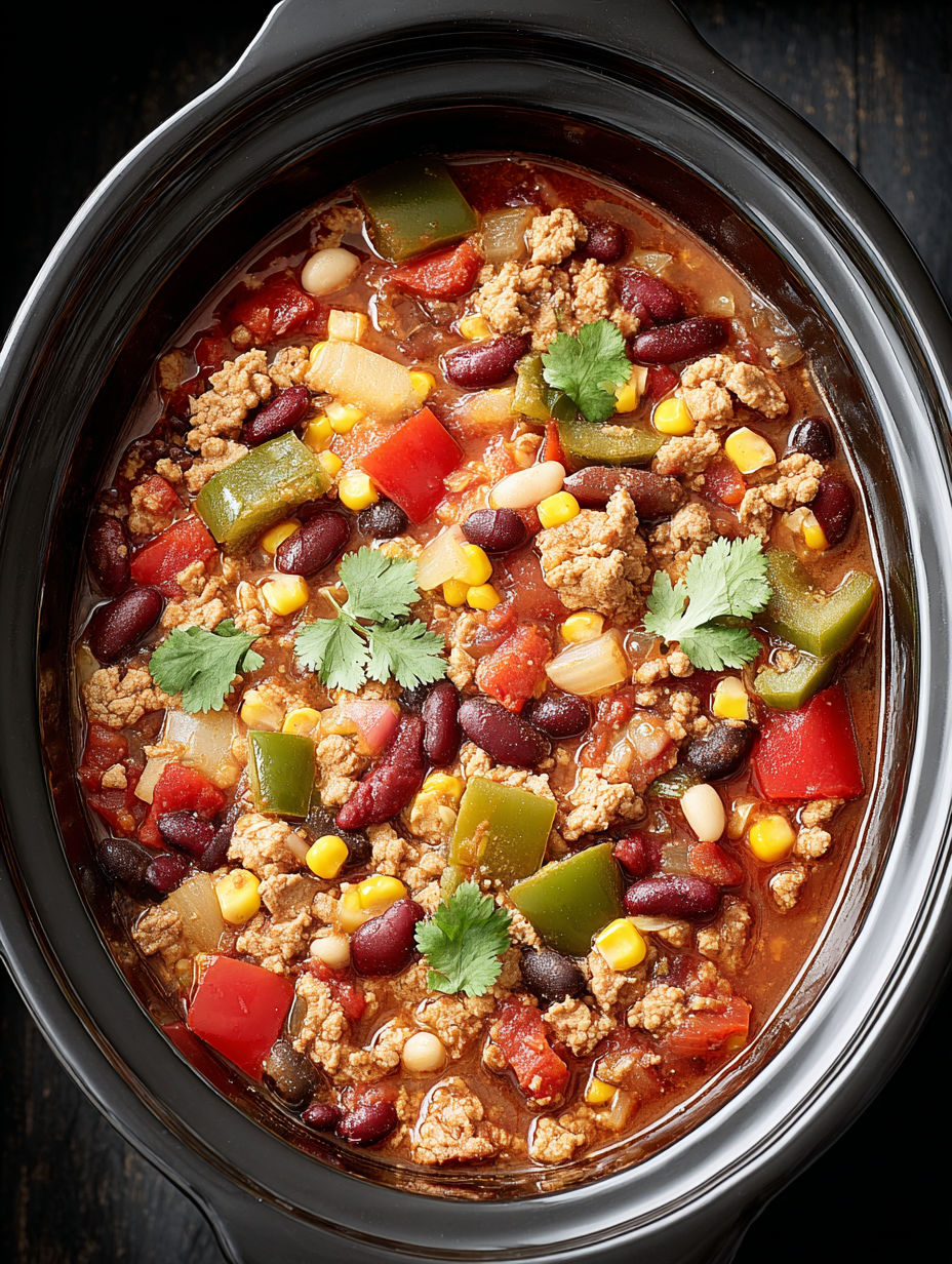 A bowl of chili with meat, beans, and vegetables.