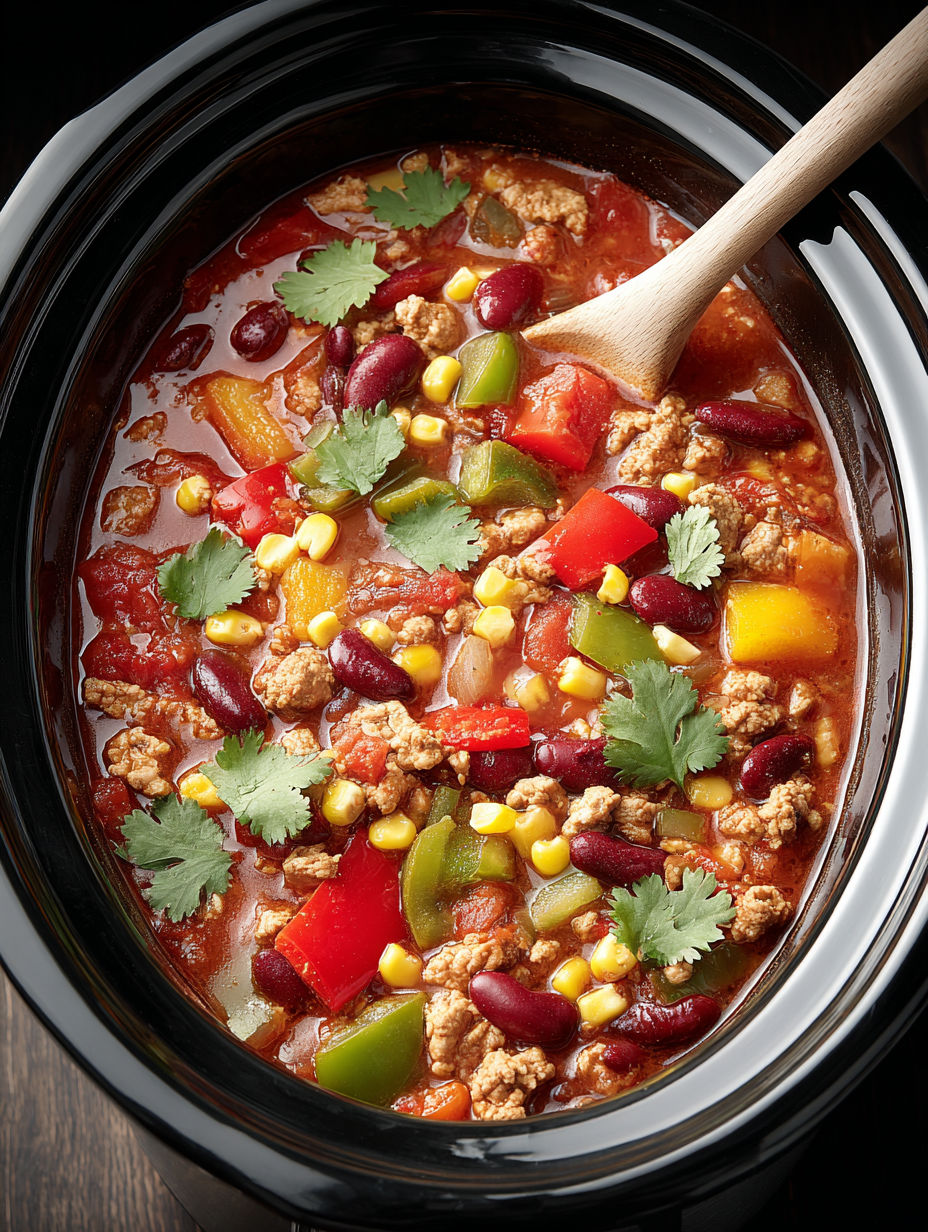 A bowl of chili with a spoon in it.