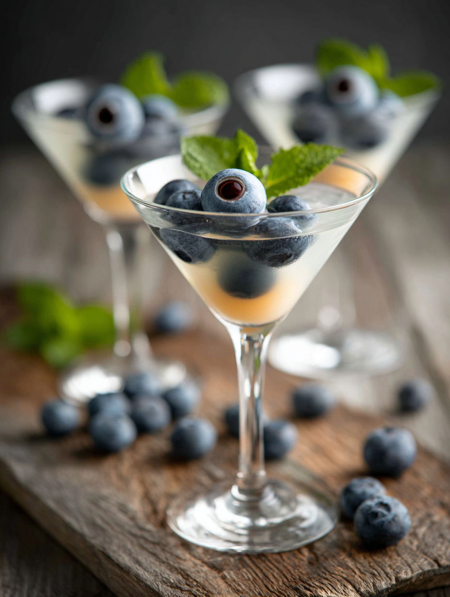 A martini glass with blueberries in it.