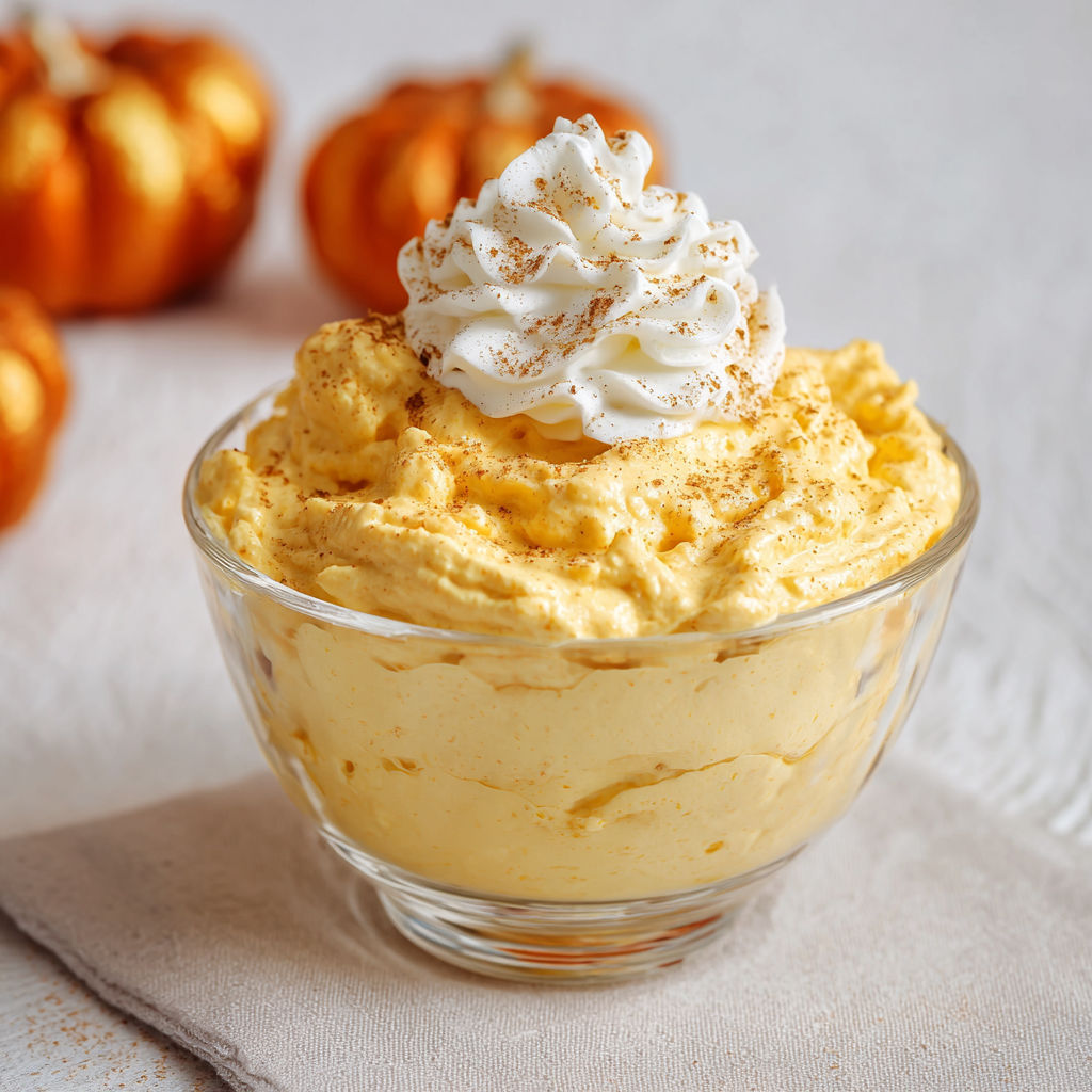 A bowl of pumpkin fluff dip with whipped cream on top.