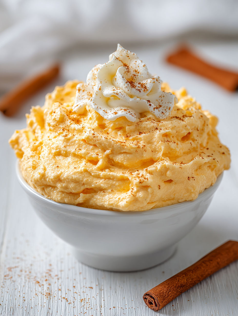 A bowl of pumpkin fluff dip with whipped cream on top.