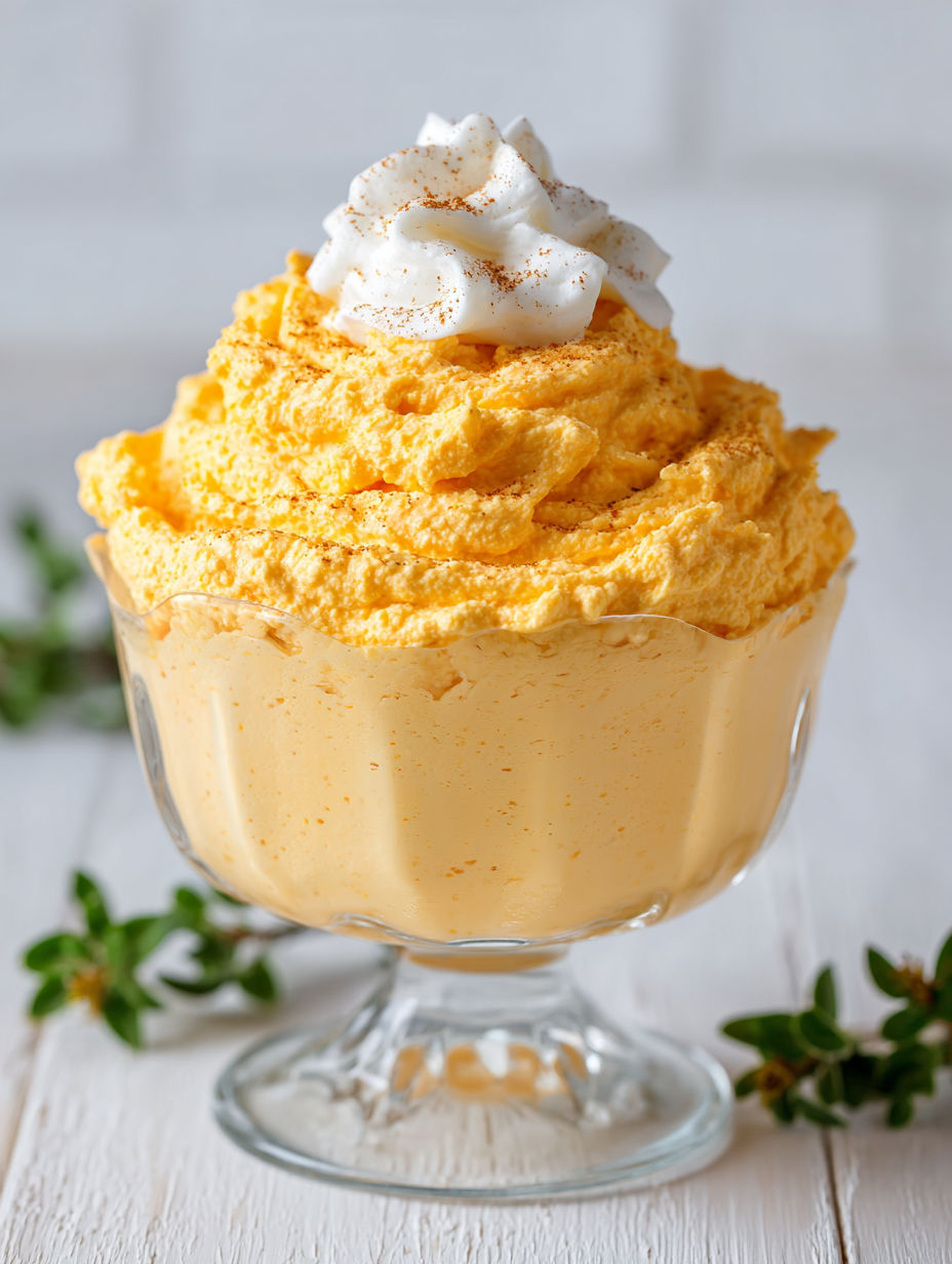 A glass bowl filled with pumpkin fluff dip.