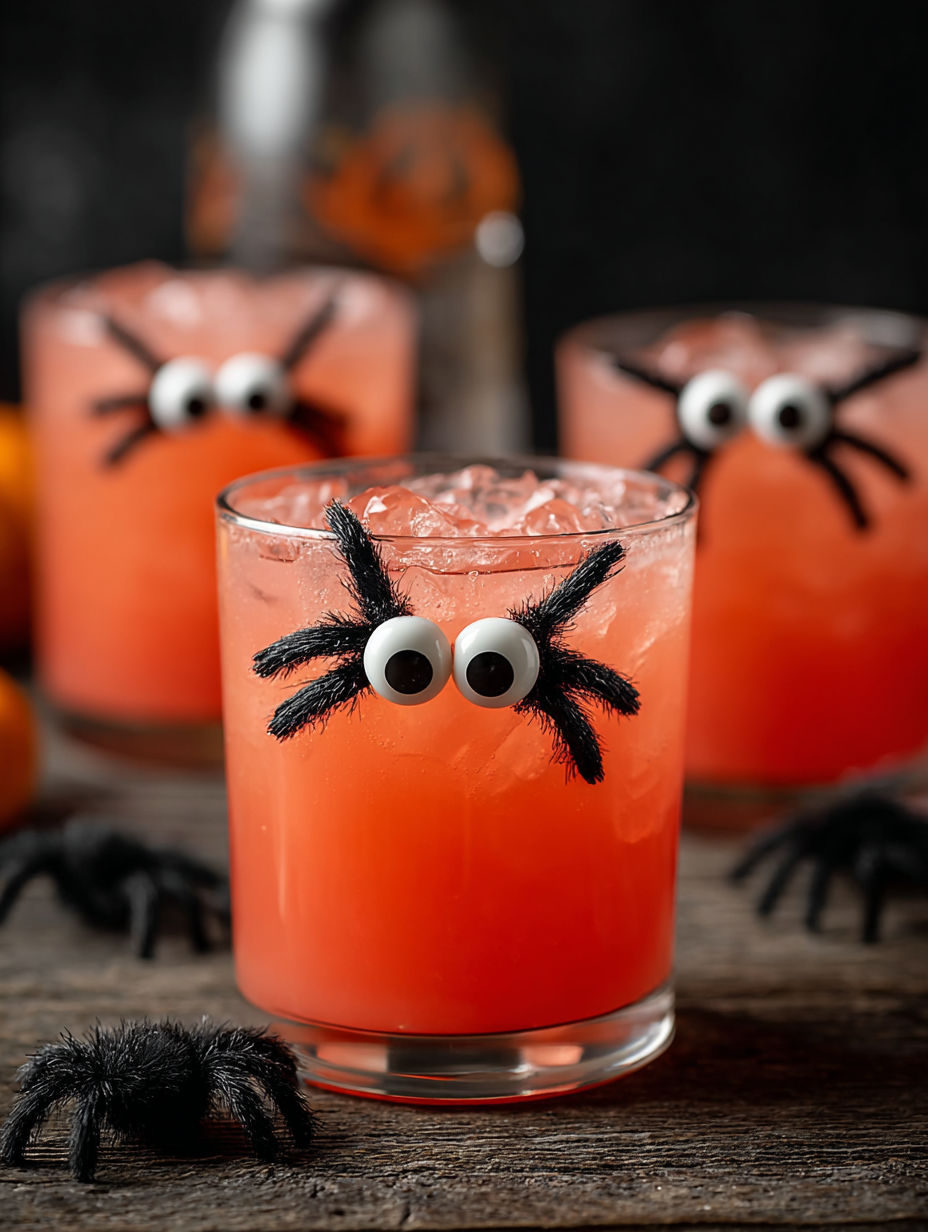 A glass of pink drink with a spider on it.