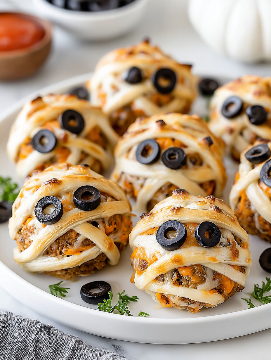A plate of mummy meatballs with olives.