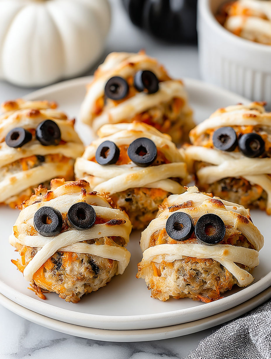 A plate of mummy meatballs with olives for eyes.