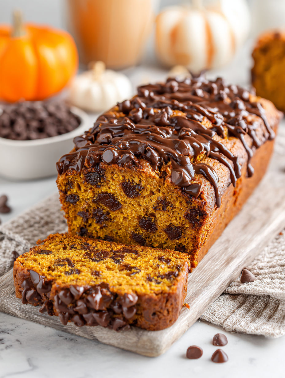 A slice of chocolate chip pumpkin bread with brown butter.
