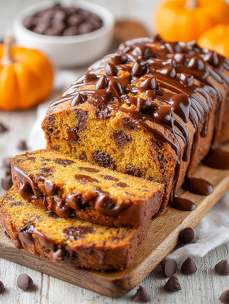 A slice of chocolate chip pumpkin bread with brown butter.