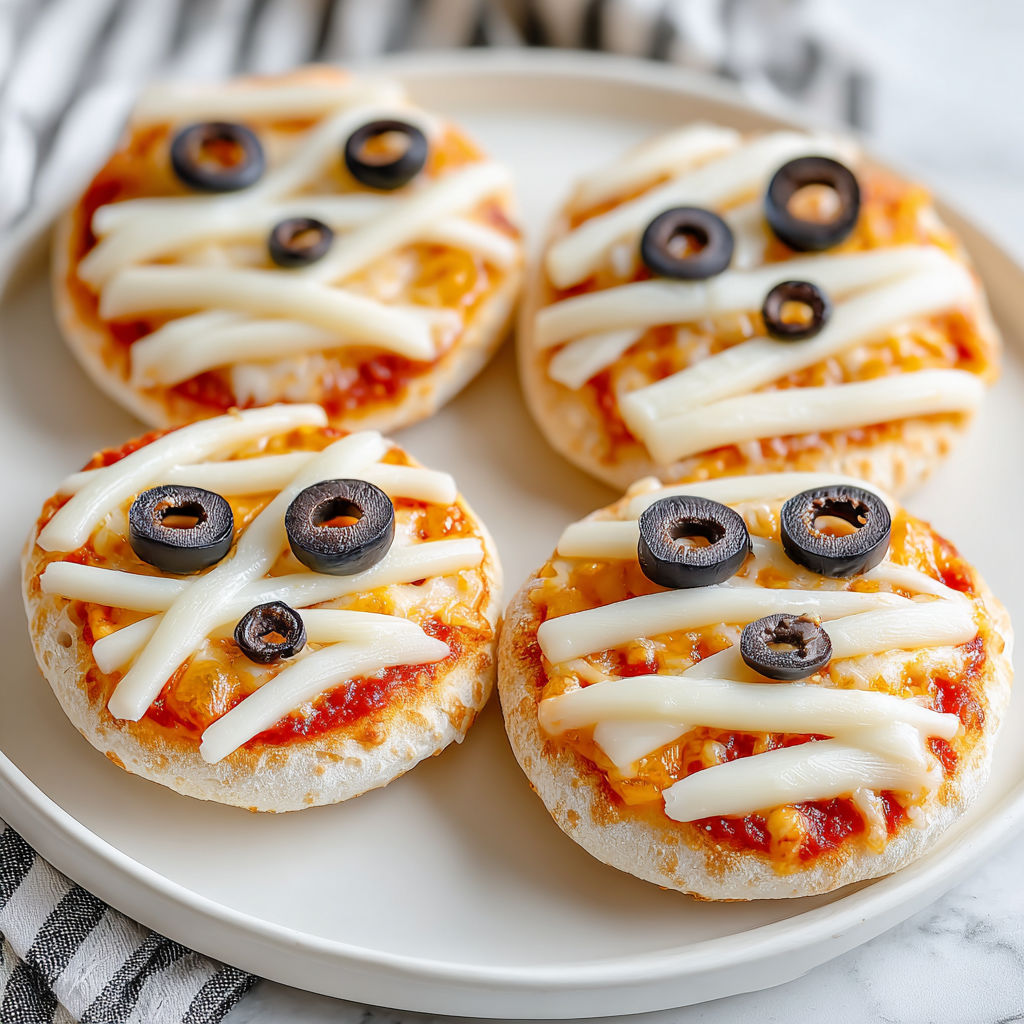 Mini mummy pizzas with olives and cheese.