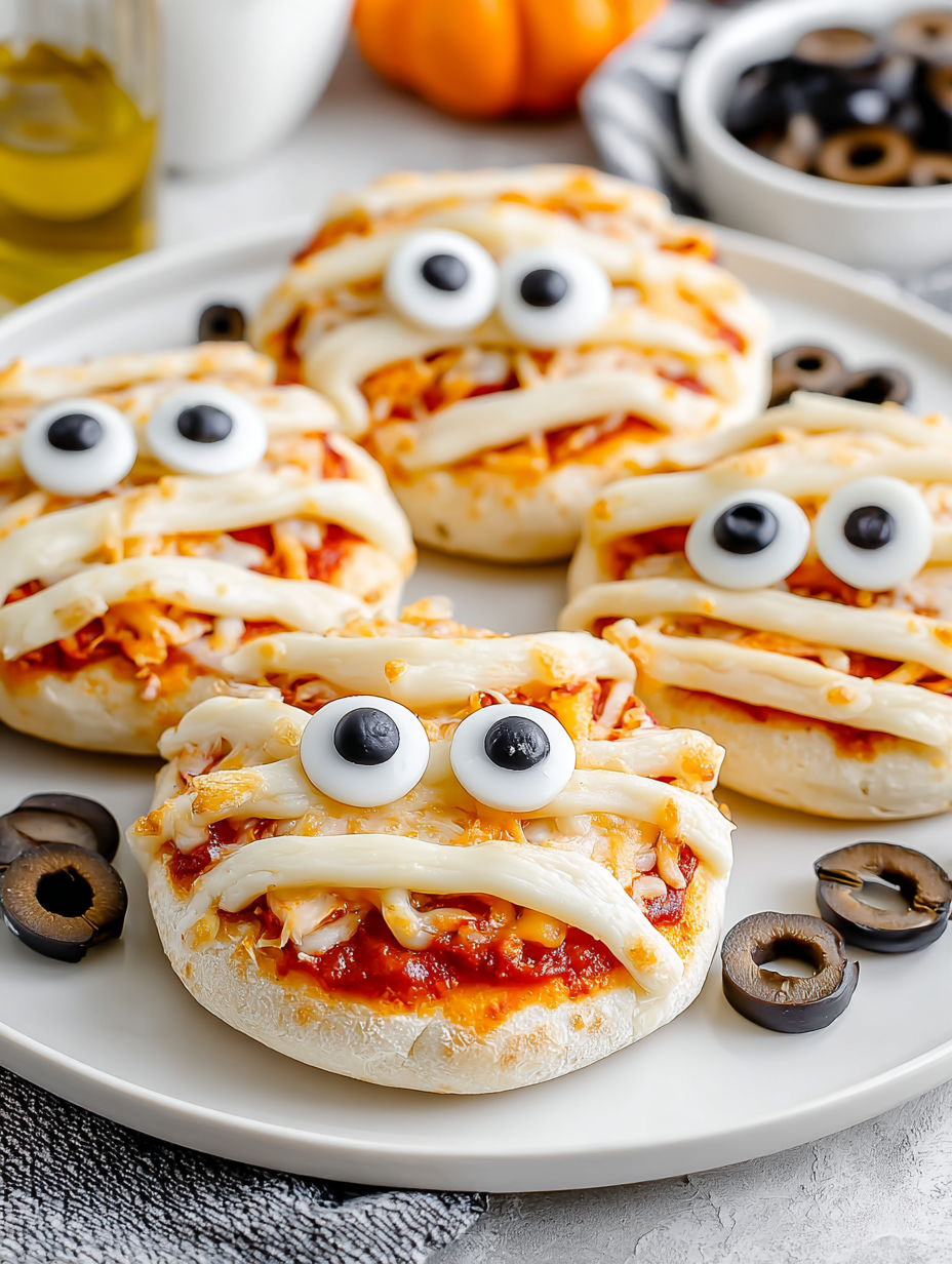 A plate of mini mummy pizzas with eyes.