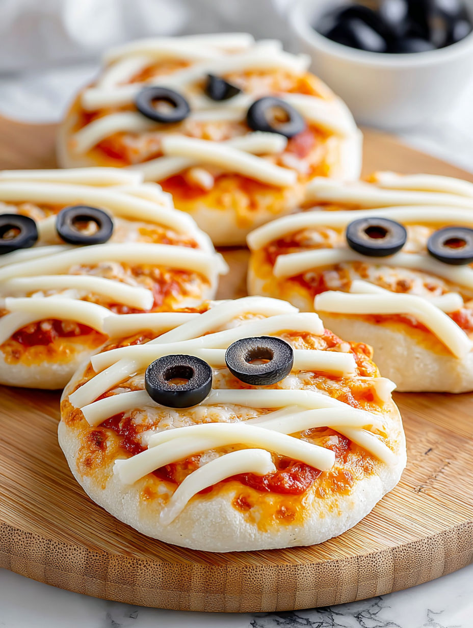 Mini mummy pizzas with olives and cheese.