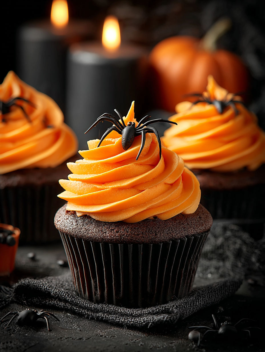 A chocolate cupcake with orange buttercream and a spider on top.