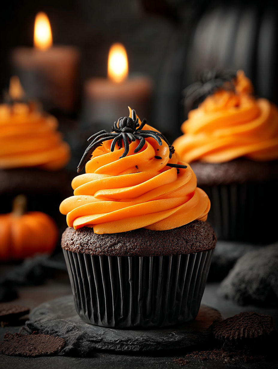 A cupcake with orange frosting and a spider on top.