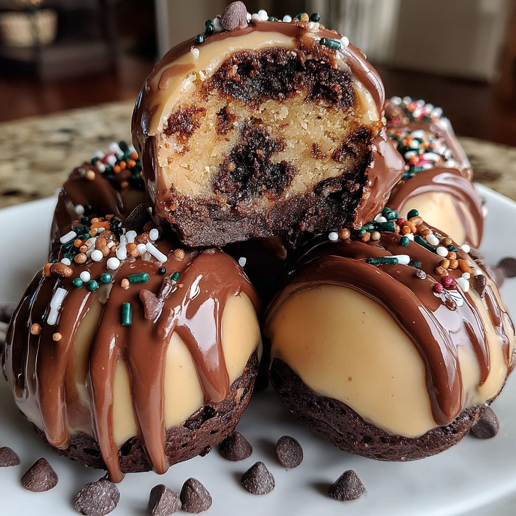 Chocolate and caramel covered cookie dough brownie bombs.