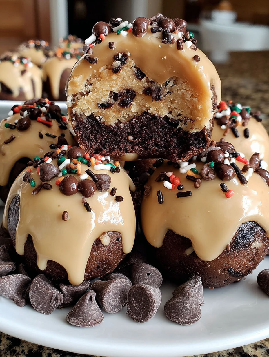 Cookie dough brownie bombs with chocolate and caramel drizzles.